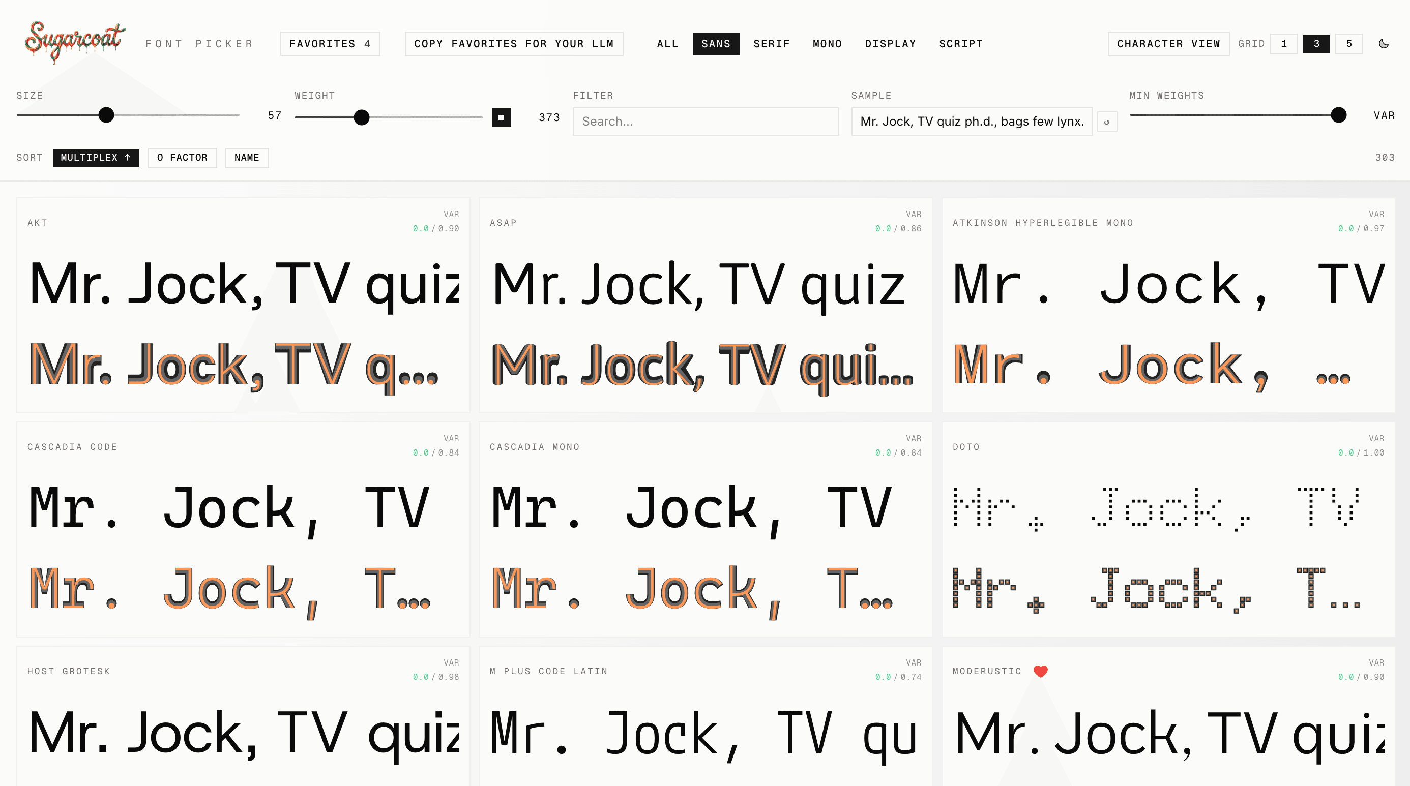 Font picker — gallery view with live type previews